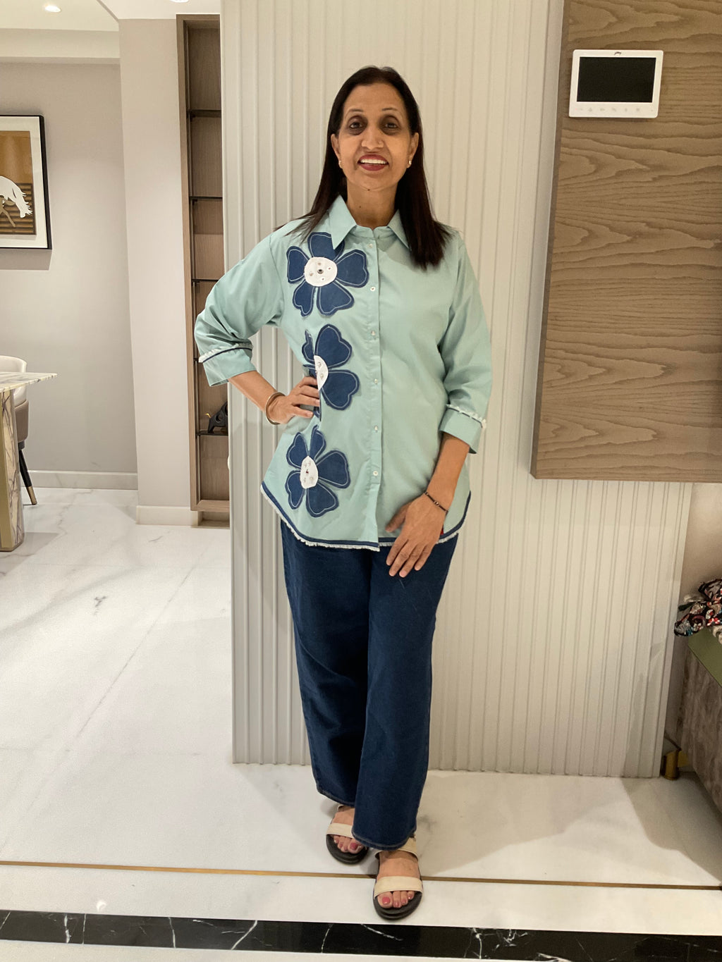 Denim flower cotton shirt