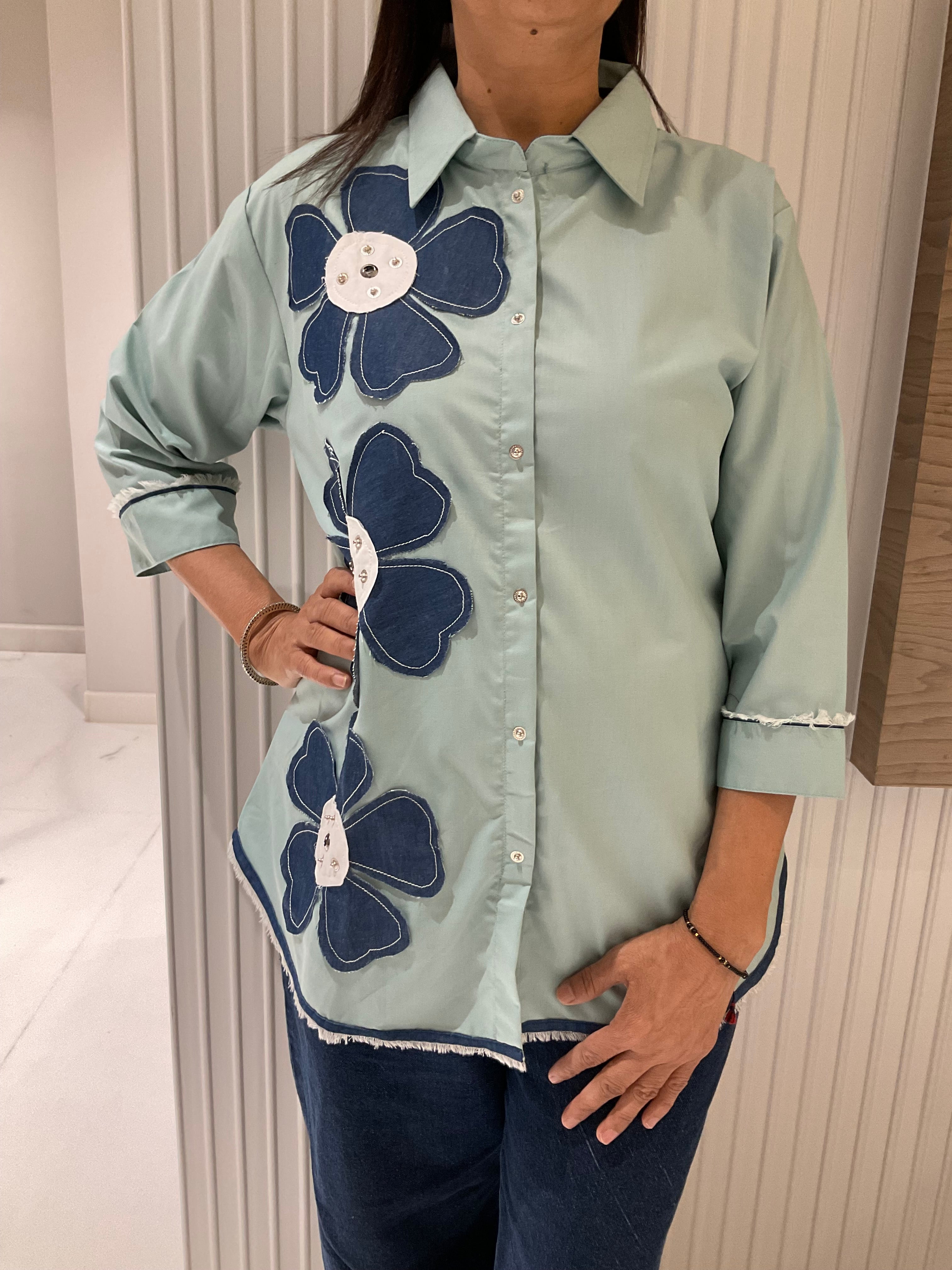 Denim flower cotton shirt