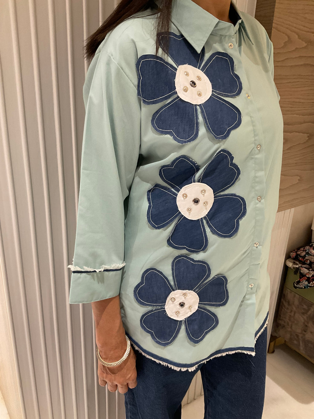 Denim flower cotton shirt