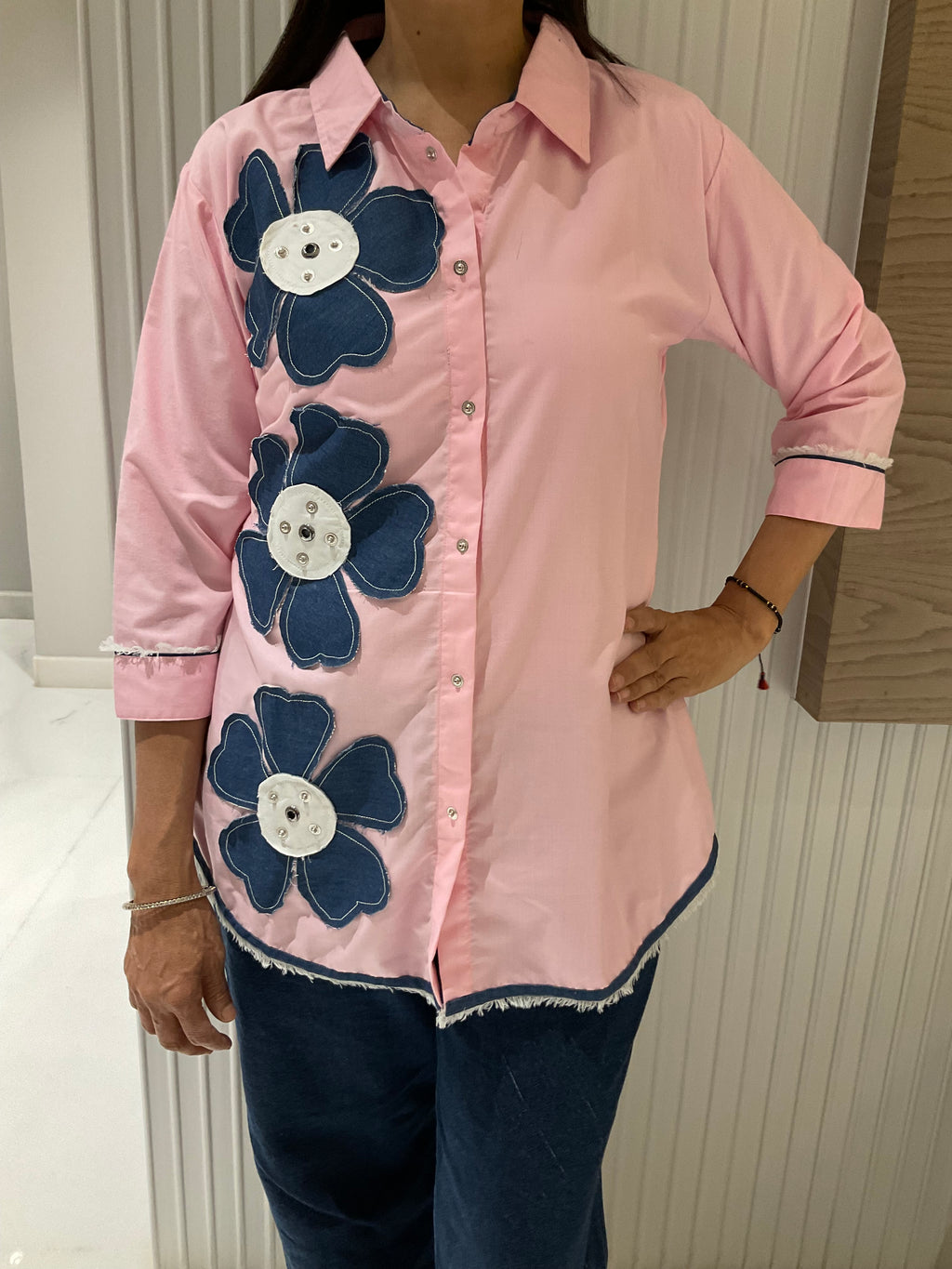Denim flower cotton shirt