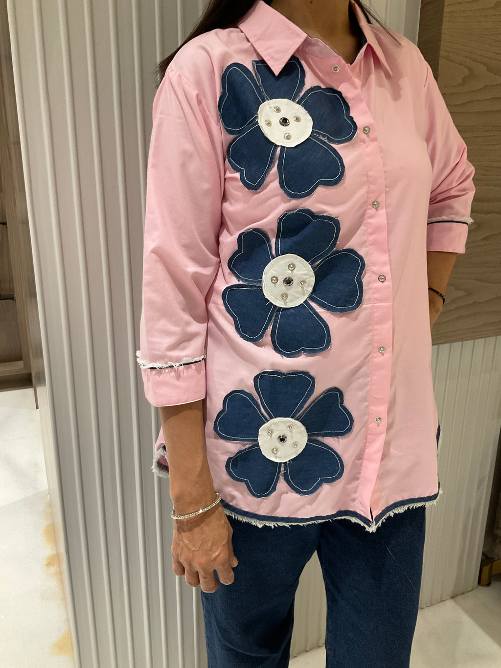 Denim flower cotton shirt