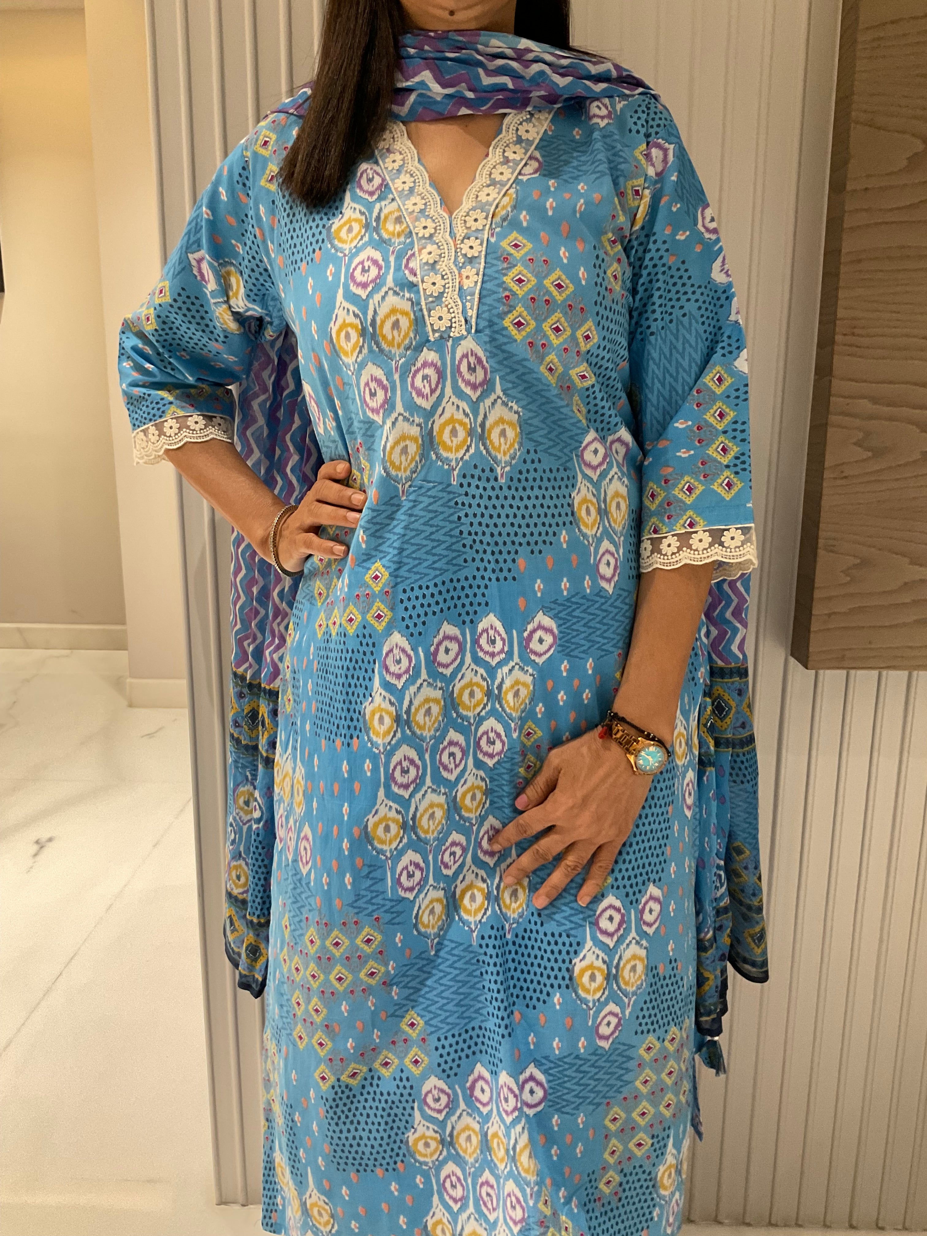 Blue bloom straight cotton suits