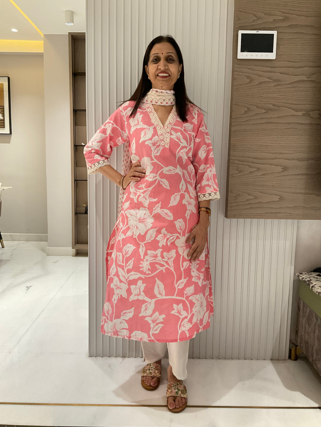 Blush lace straight cotton suit
