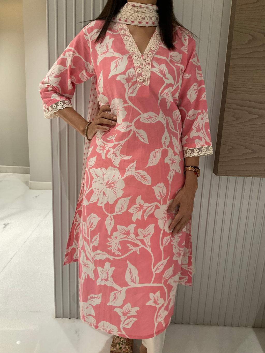 Blush lace straight cotton suit