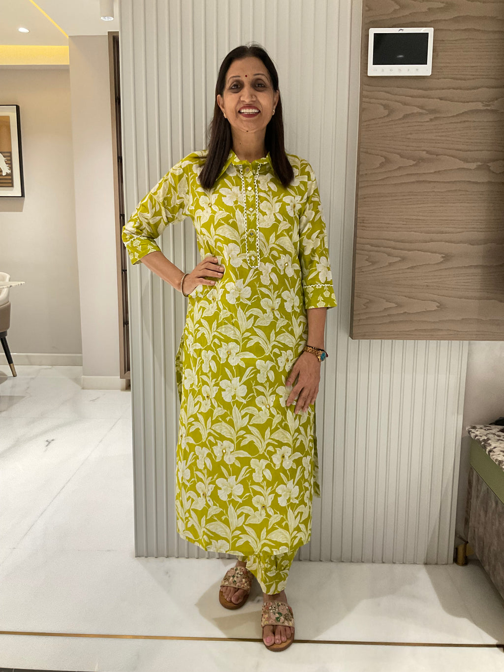 Sage blossom straight cotton suit