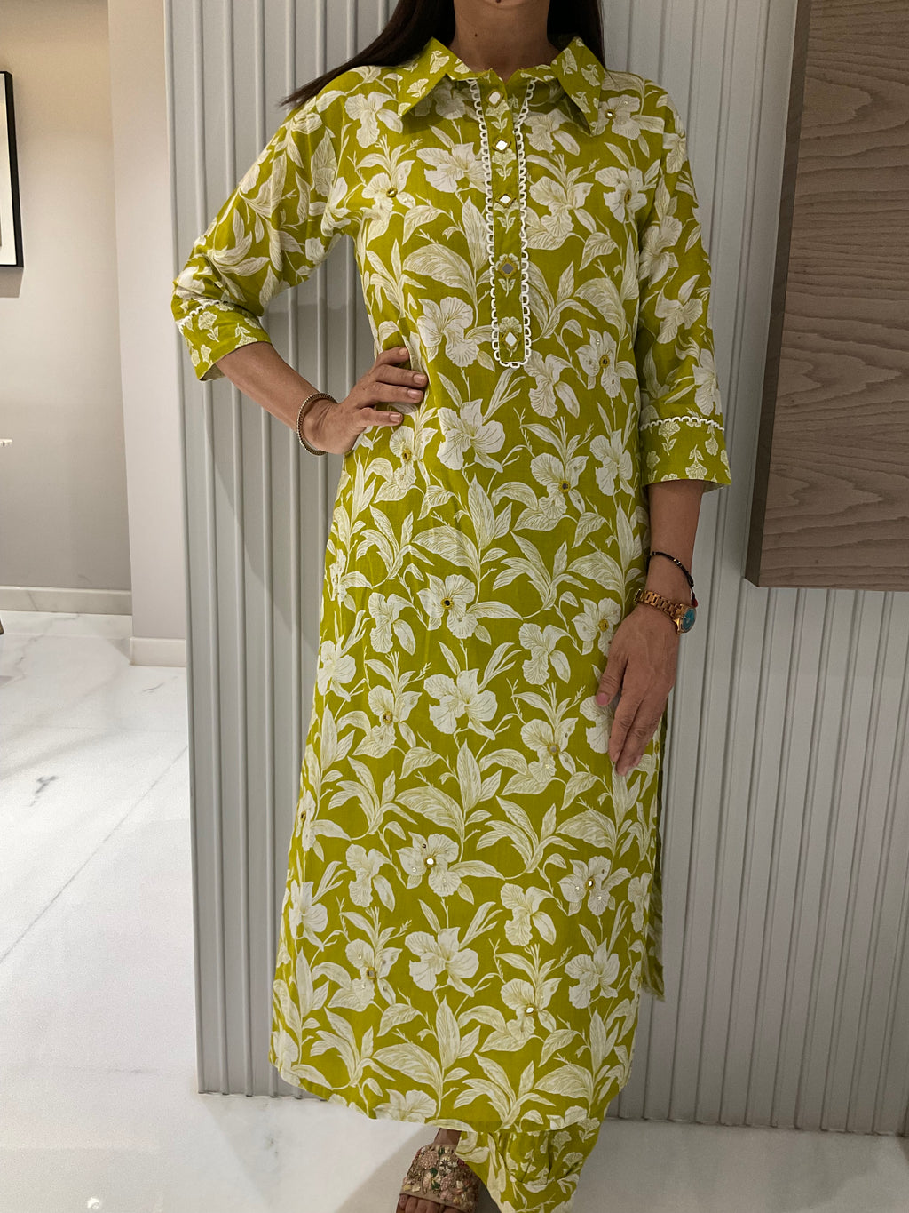 Sage blossom straight cotton suit