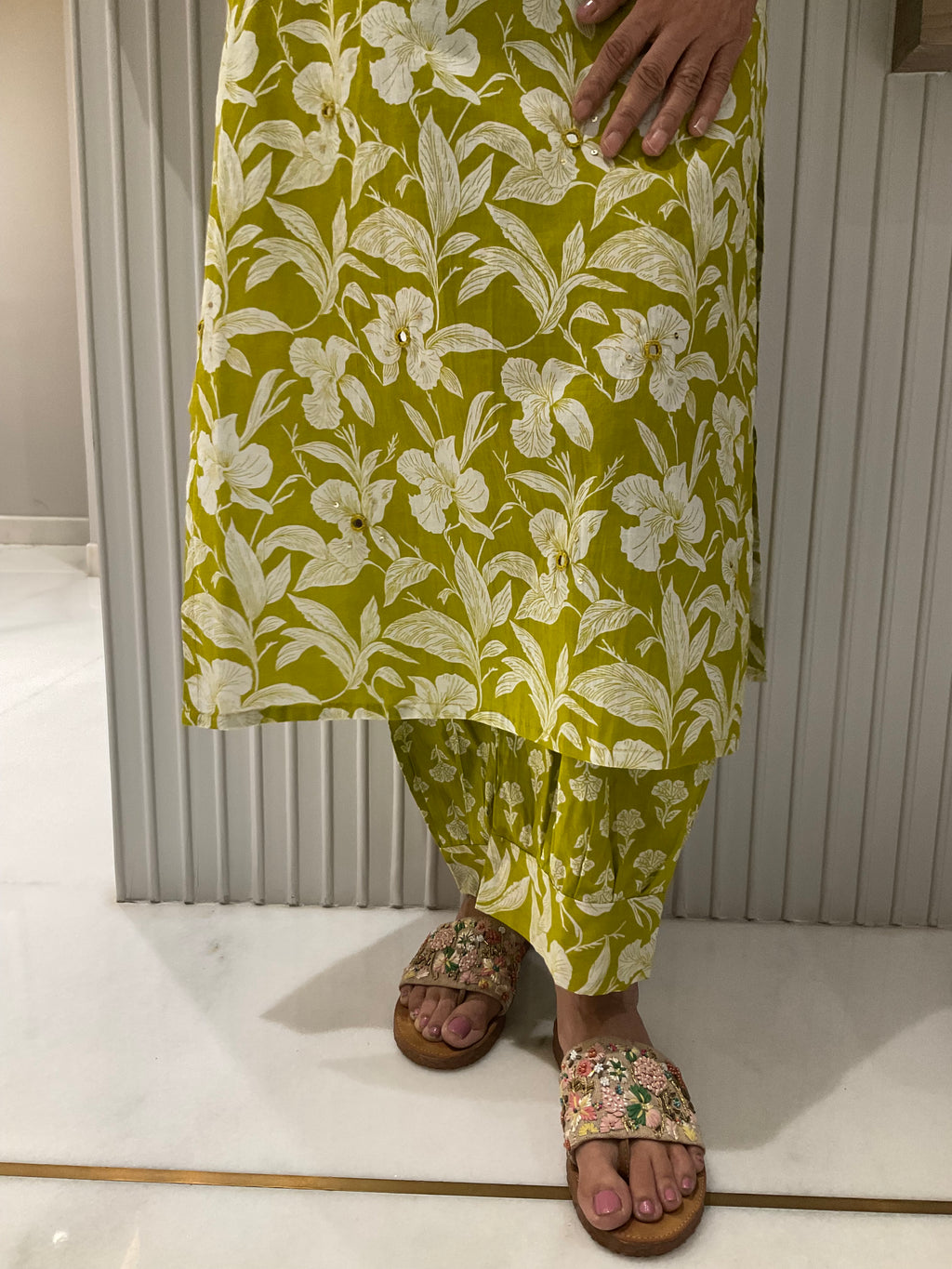 Sage blossom straight cotton suit