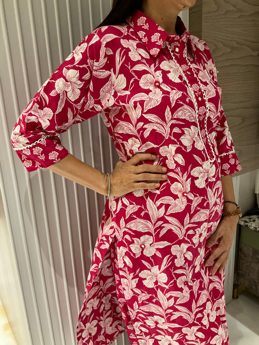 Sage blossom straight cotton suit