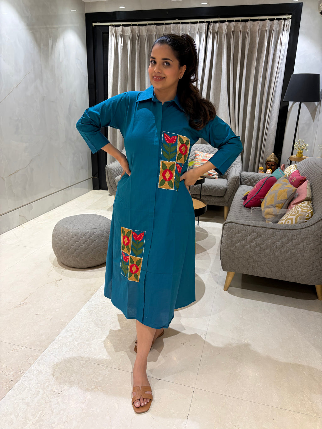 Patch perfect blue a-line dress