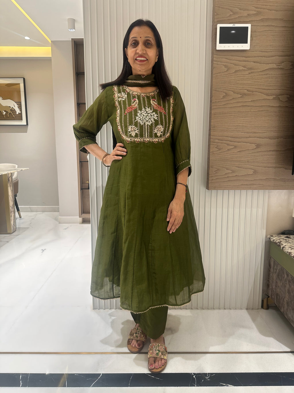 Golden flora & fauna mul chanderi A-line suits