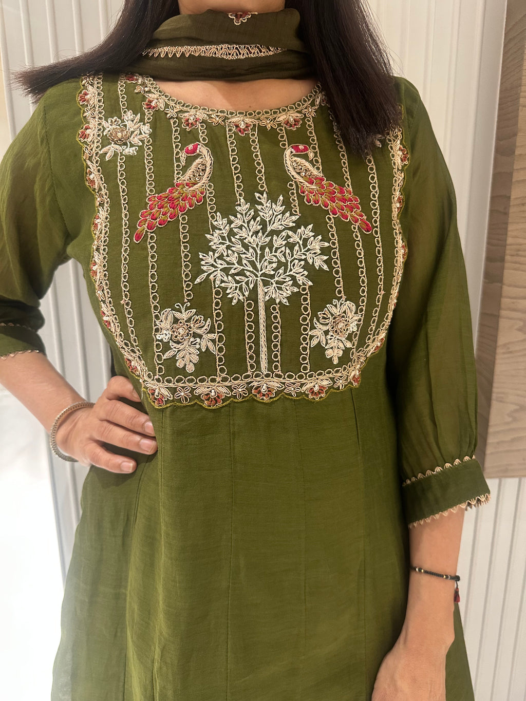 Golden flora & fauna mul chanderi A-line suits