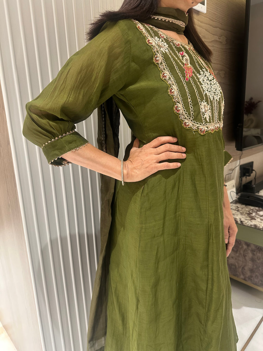 Golden flora & fauna mul chanderi A-line suits