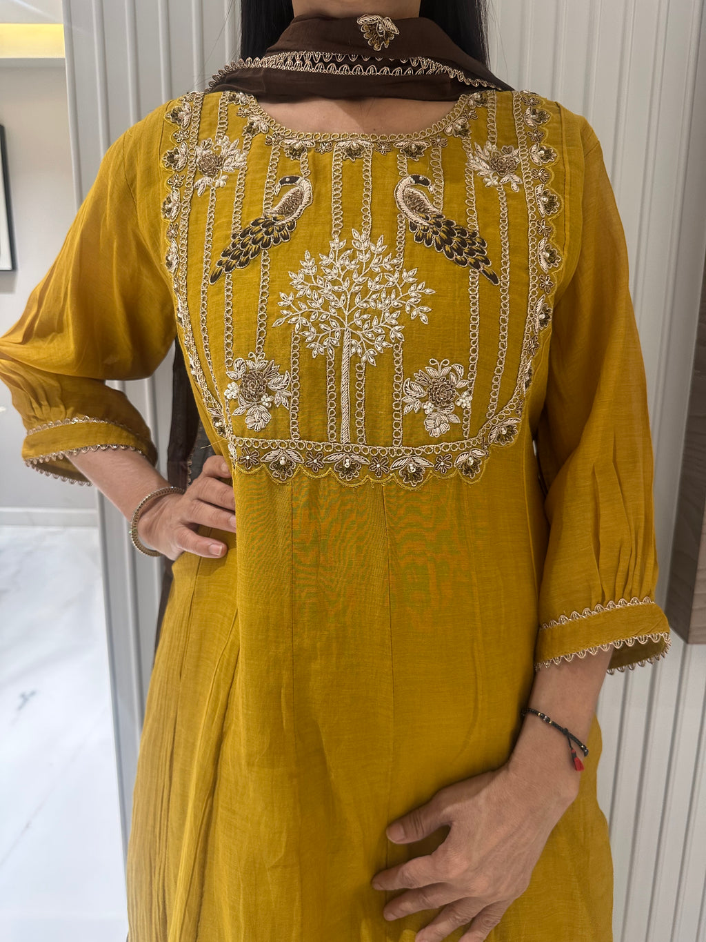 Golden flora & fauna mul chanderi A-line suits