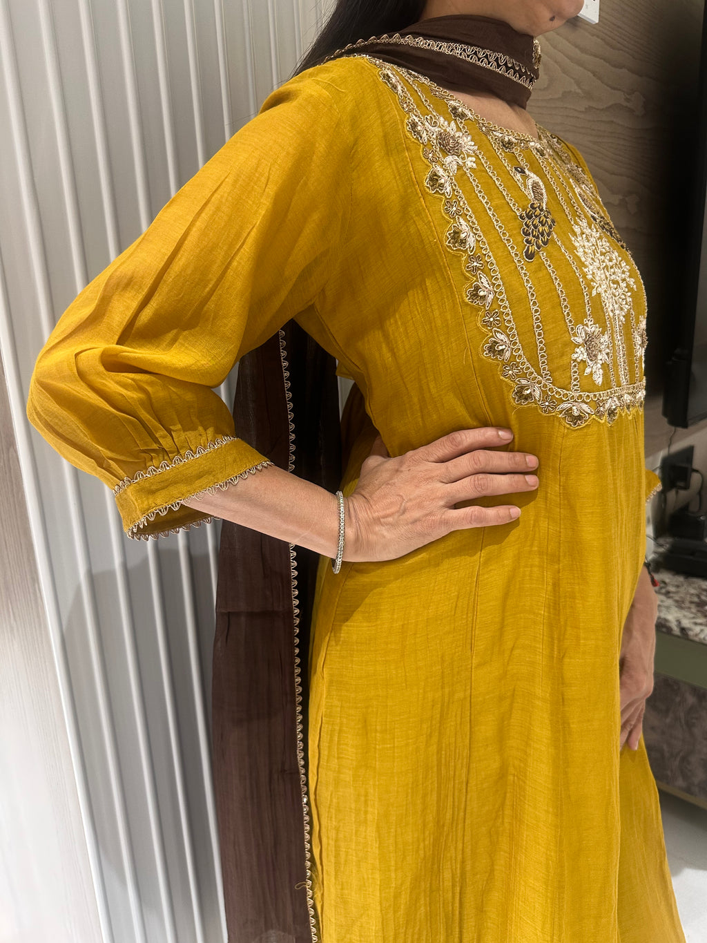 Golden flora & fauna mul chanderi A-line suits