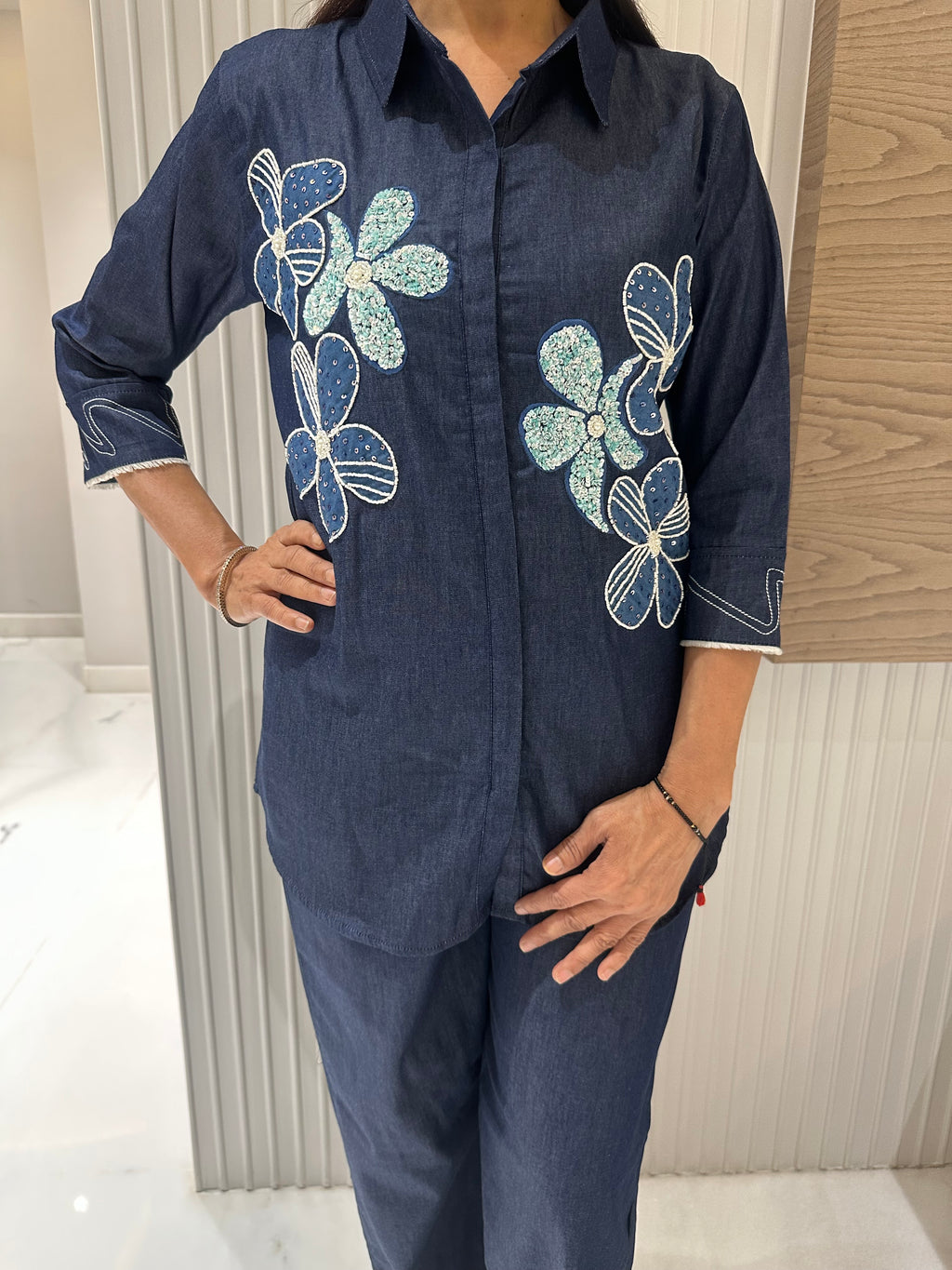 Floral embroidered denim co-ord set